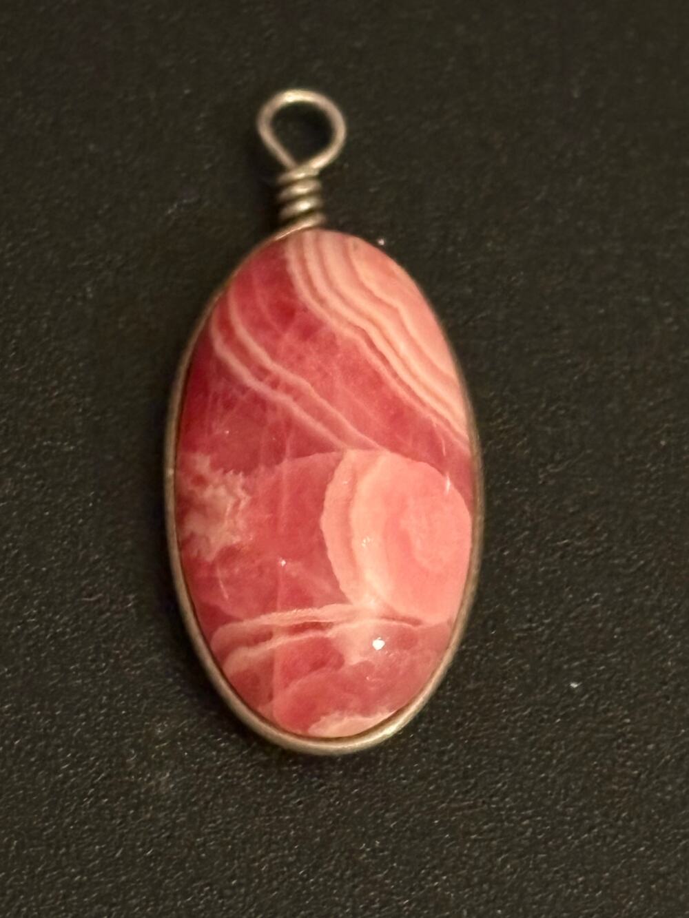 Vintage Genuine Rhodochrosite Oval Pendant Pink Stone